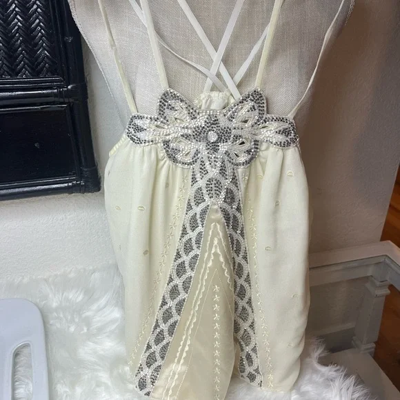5/48 SILK VELVET STRAP CRISS CROSS BEADED EVENING BLOUSE NWT